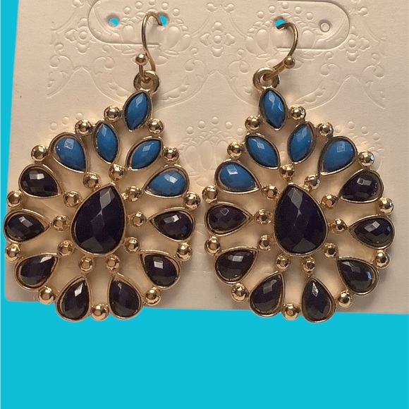Vintage Blue, Black and Gold Teardrop shaped Earrings. NEW!